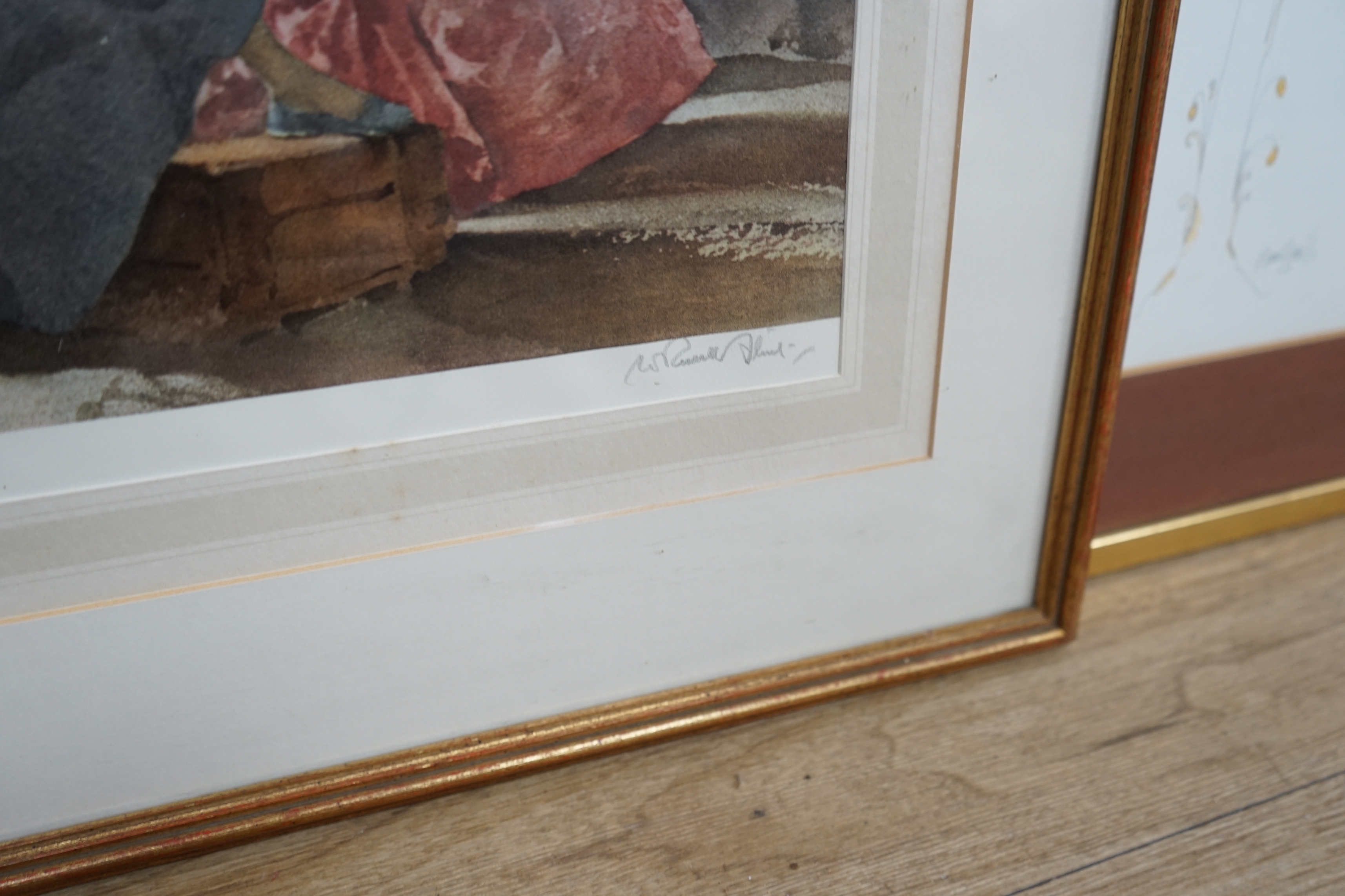 William Russell Flint (1880-1969) two colour prints, Pool below chateau and one other, one signed in pencil, gallery label verso, largest 39 x 27cm